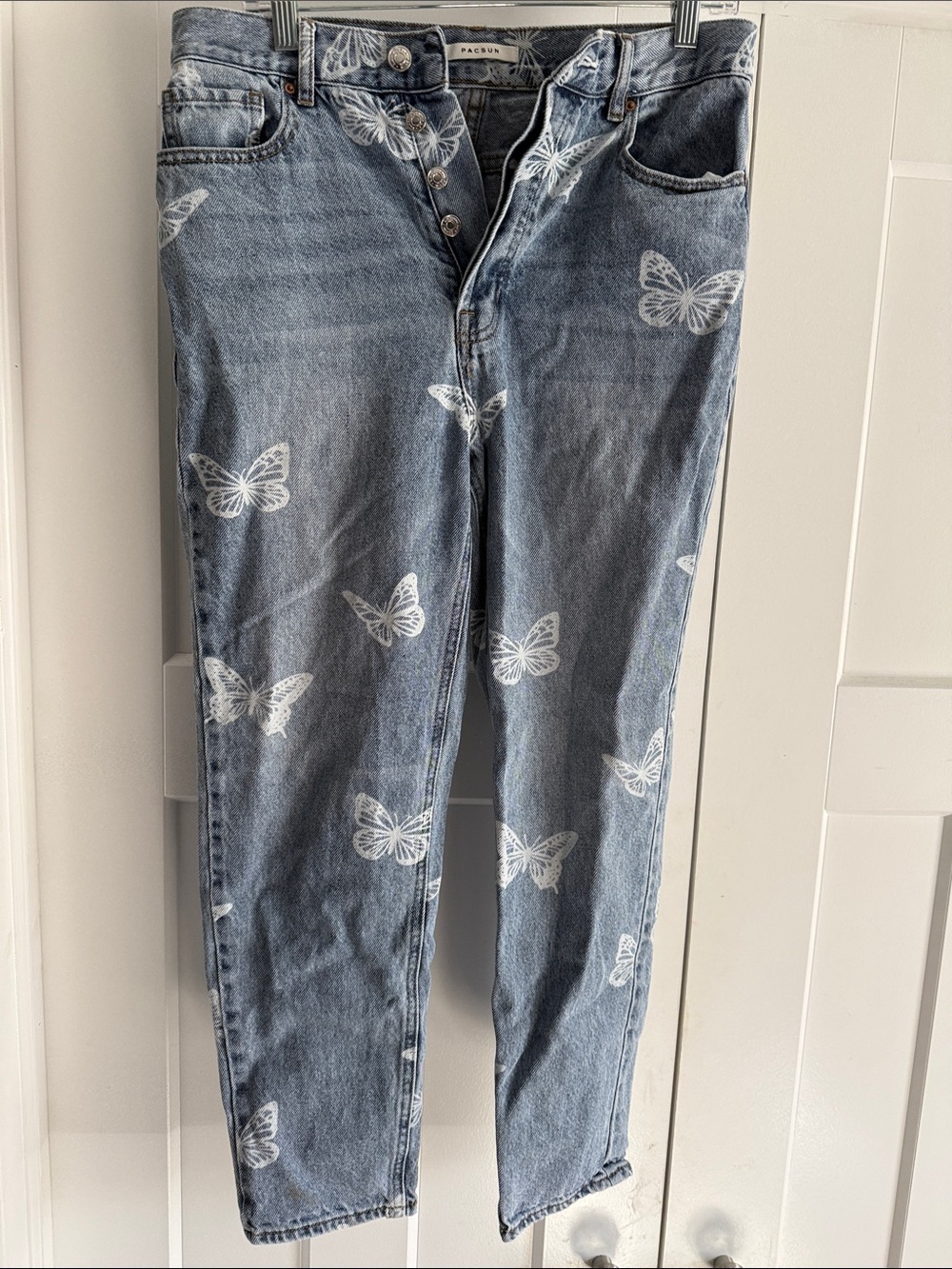 PacSun Light Blue Straight Leg Jeans with White Butterfly Print